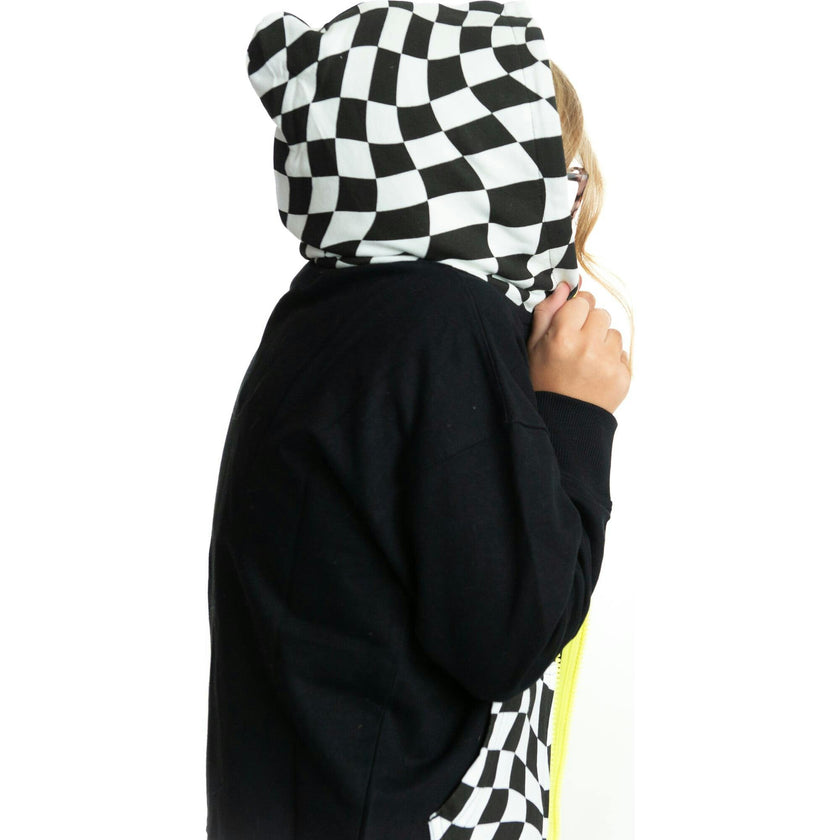 Checker Zip Hoodie Sweatshirt, Black