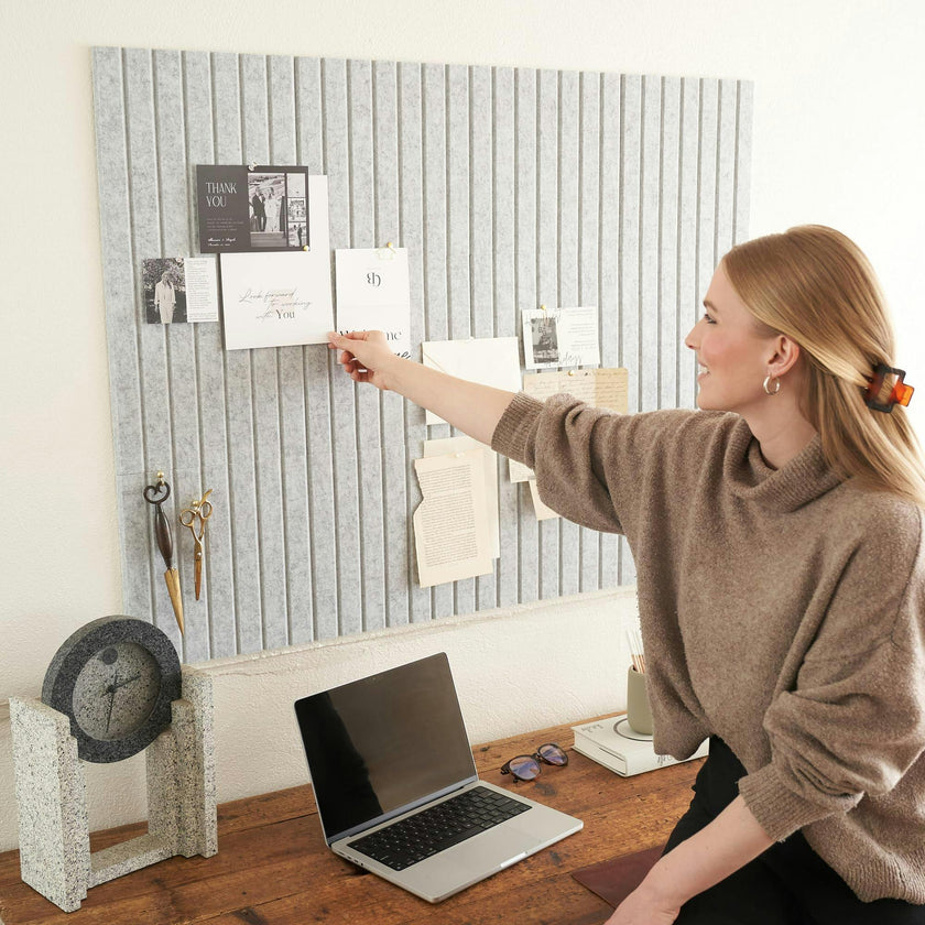 Large Felt Bulletin Board - Stylish 35" x 47" Cork Board Alternative for Office & Wall Decor - 12 Adhesive Tiles w/Golden Pins to Display Your Photos