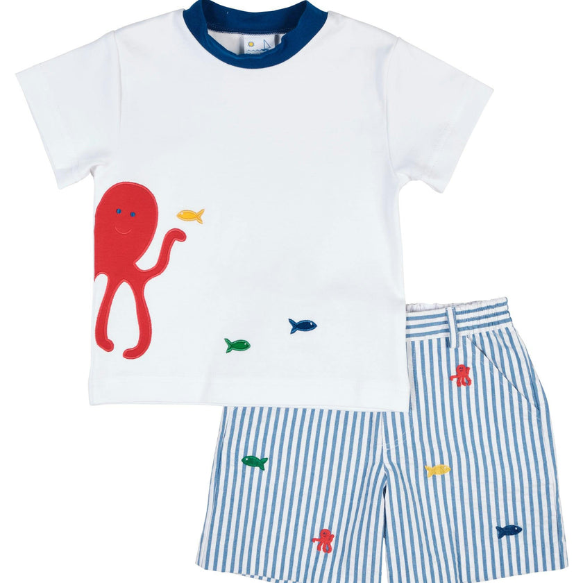Seersucker Short With Embroidered Sea Creatures