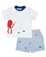 Seersucker Short With Embroidered Sea Creatures