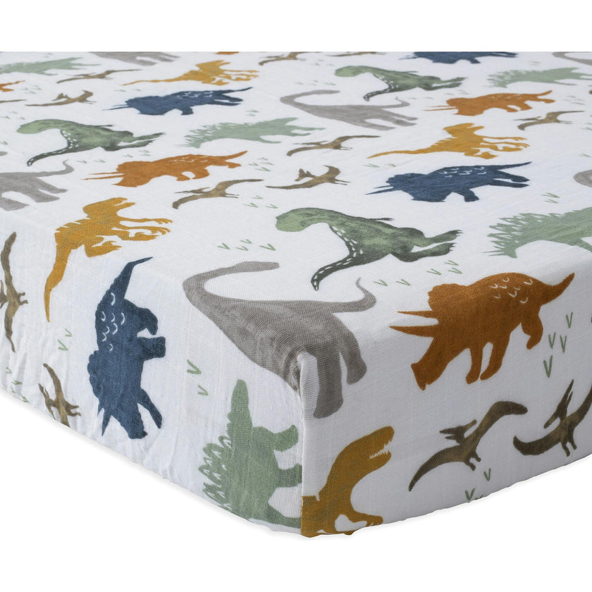 Cotton Muslin Crib Sheet - Dino Friends