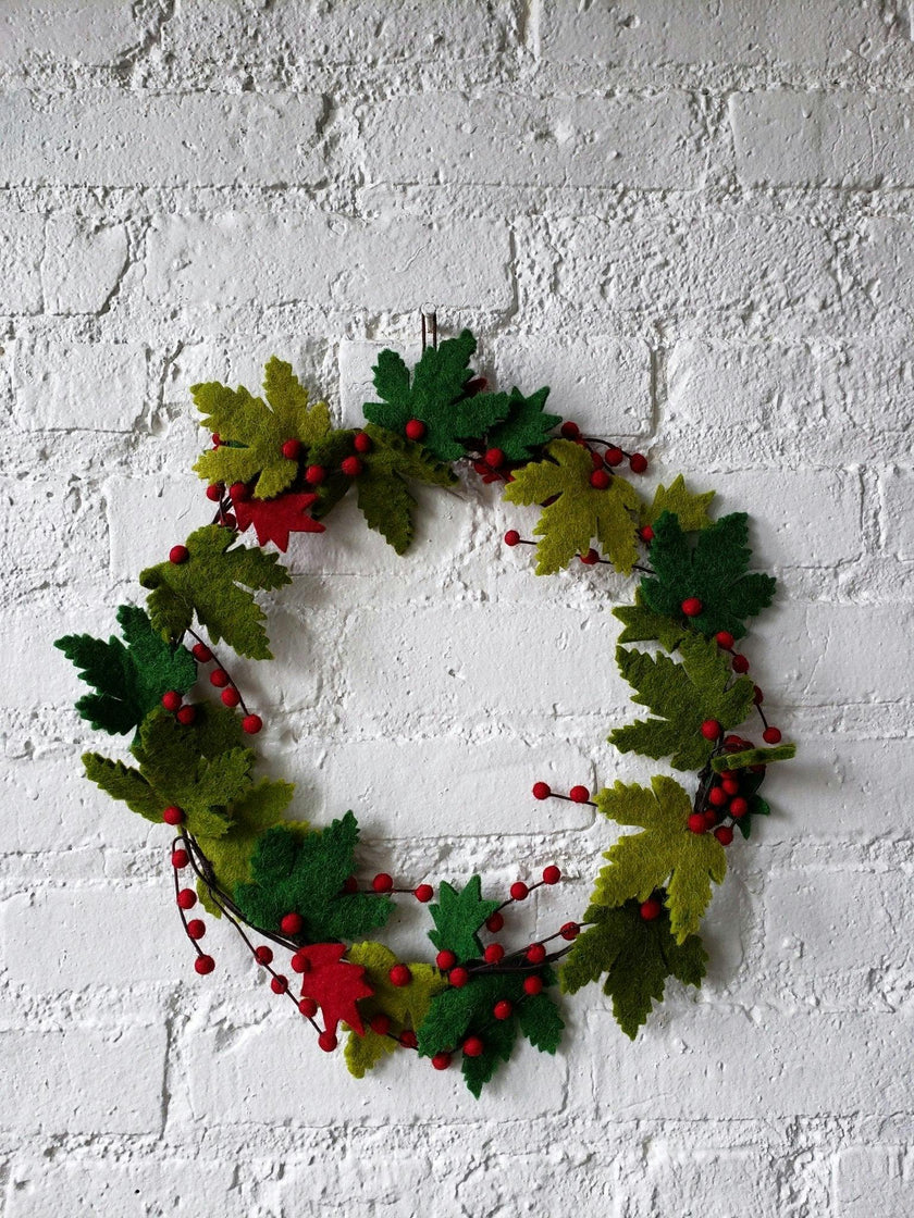 Maple Leaf Wreath Berries Hand Felted Wool - 12"