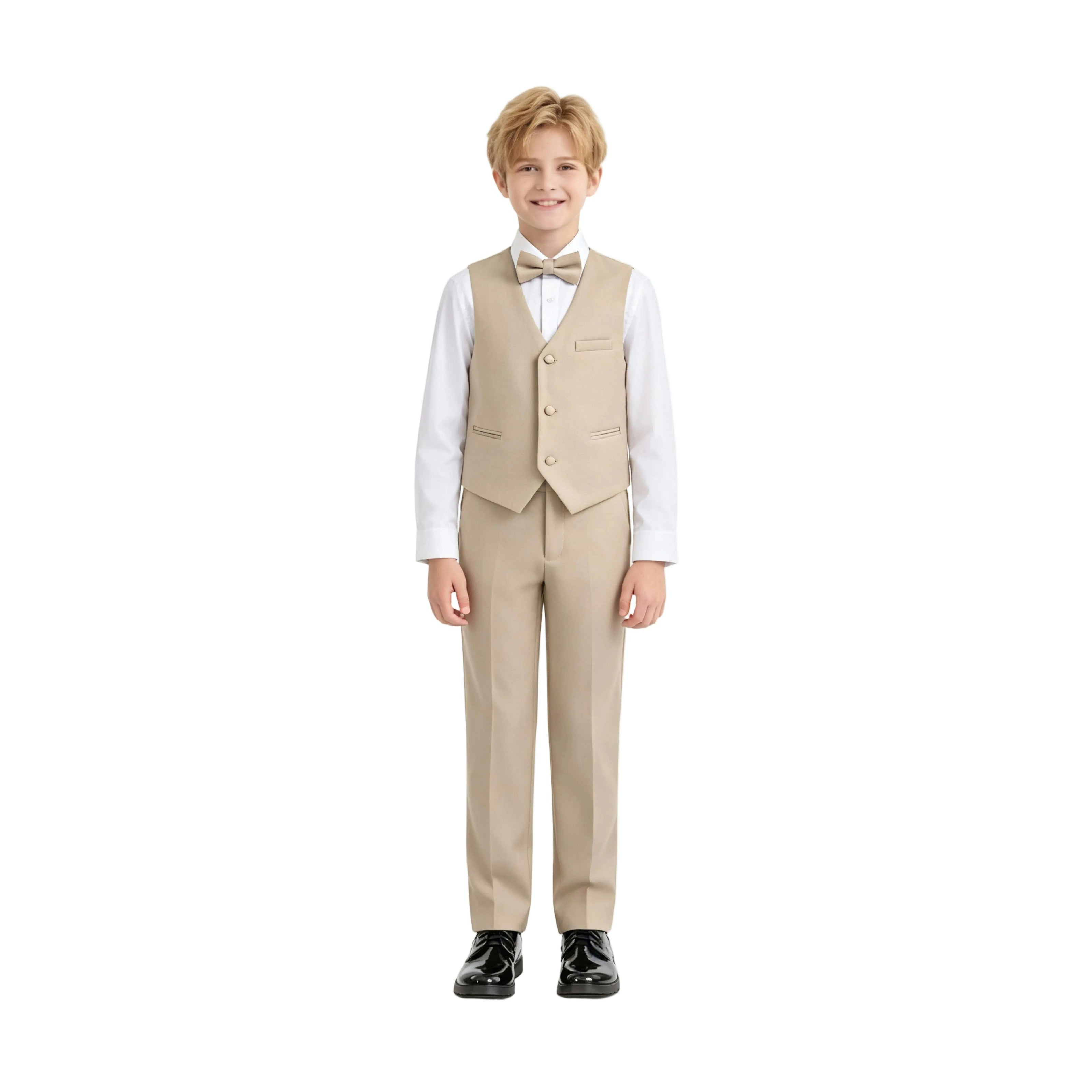 Beige Serge Formal Vest & Bow Tie Suit Set