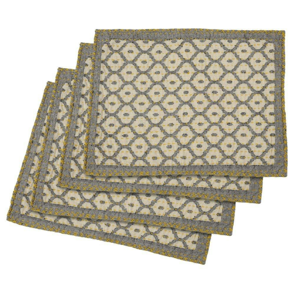 Artisan Hand Loomed Placemat - Gray Yellow Stitching - 14