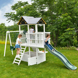 Craftsman | Modern Wooden Swing Set with Slide, Climber & Sandbox