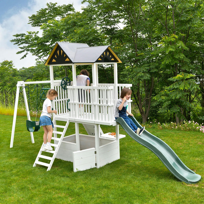 Craftsman | Modern Wooden Swing Set with Slide, Climber & Sandbox