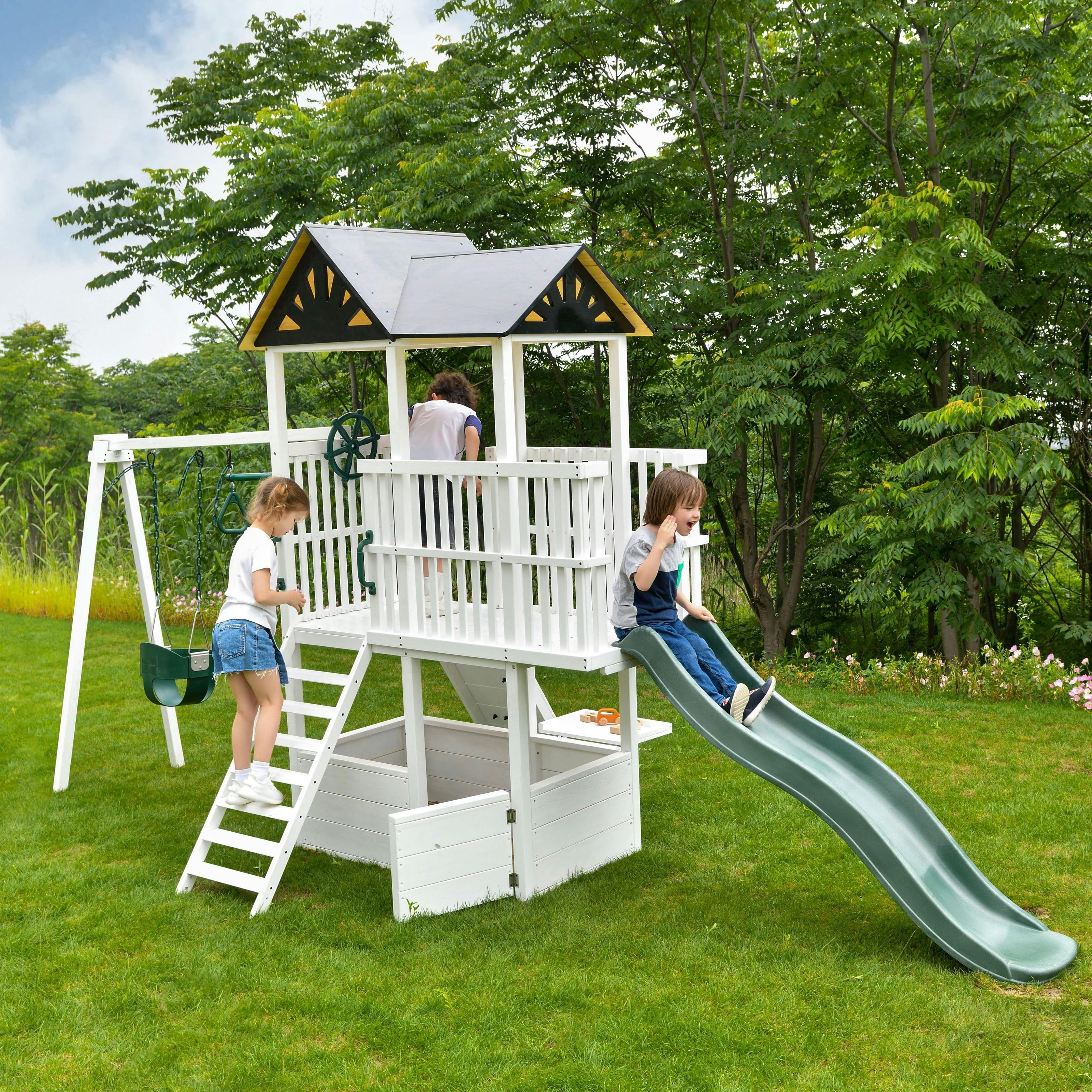 Craftsman | Modern Wooden Swing Set with Slide, Climber & Sandbox