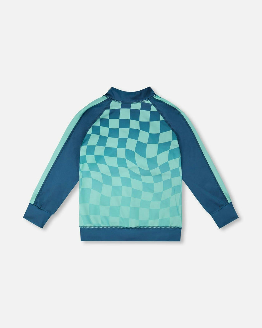 Full Zip Athletic Cardigan In Recycled Polyester Teal Printed Checkerboard