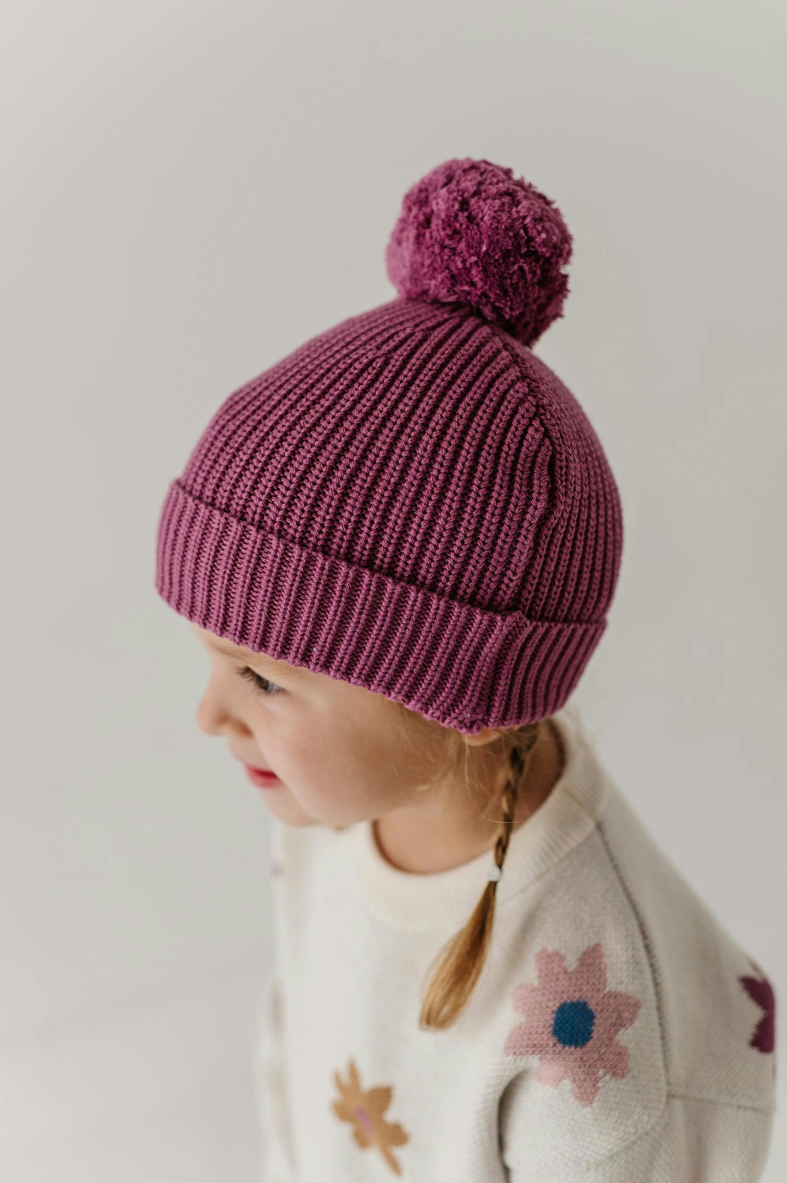 Knit Pom Hat in Vintage Plum