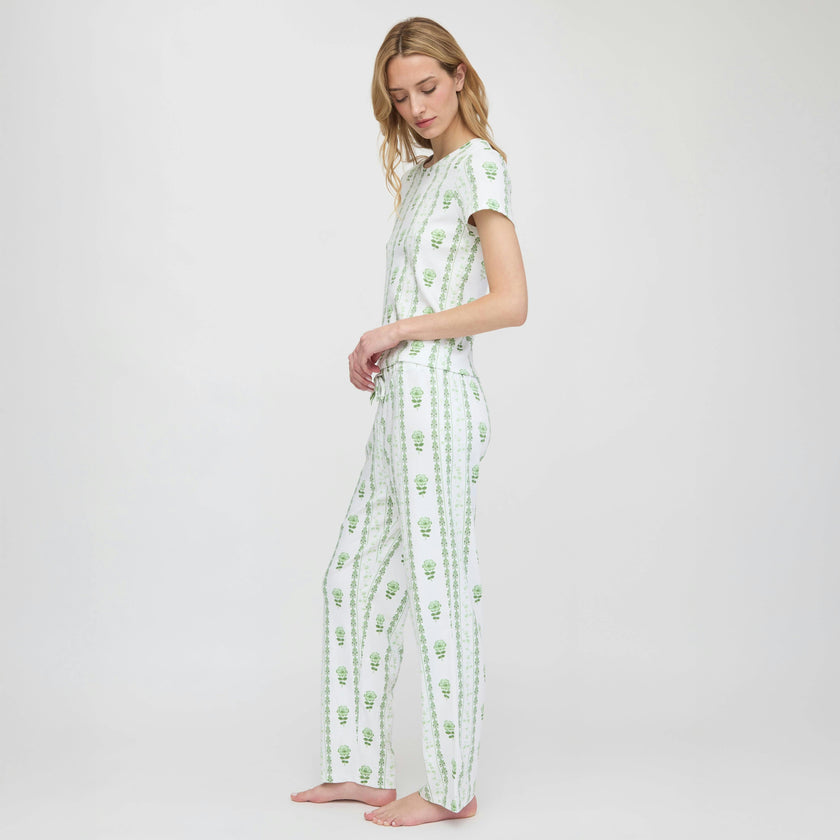 The Kelly Pajama Set - White/Green Arcadia Border