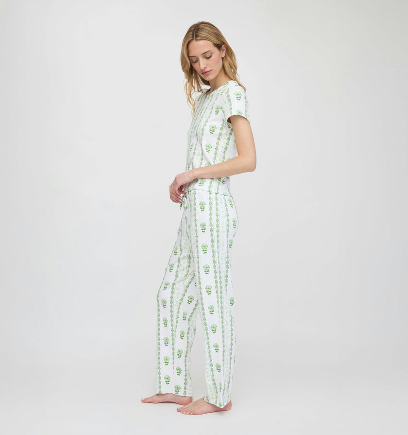 The Kelly Pajama Set - White/Green Arcadia Border