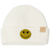 Little Girl's (4-6x) Solid Color Beanie with Rhinestone Happy Face Patch
