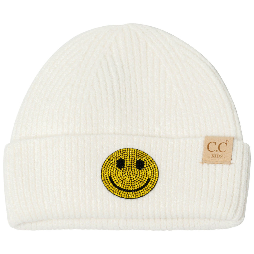 Little Girl's (4-6x) Solid Color Beanie with Rhinestone Happy Face Patch