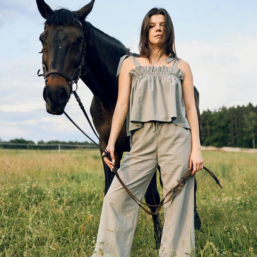 women's vichy frilled pants - foggy brown