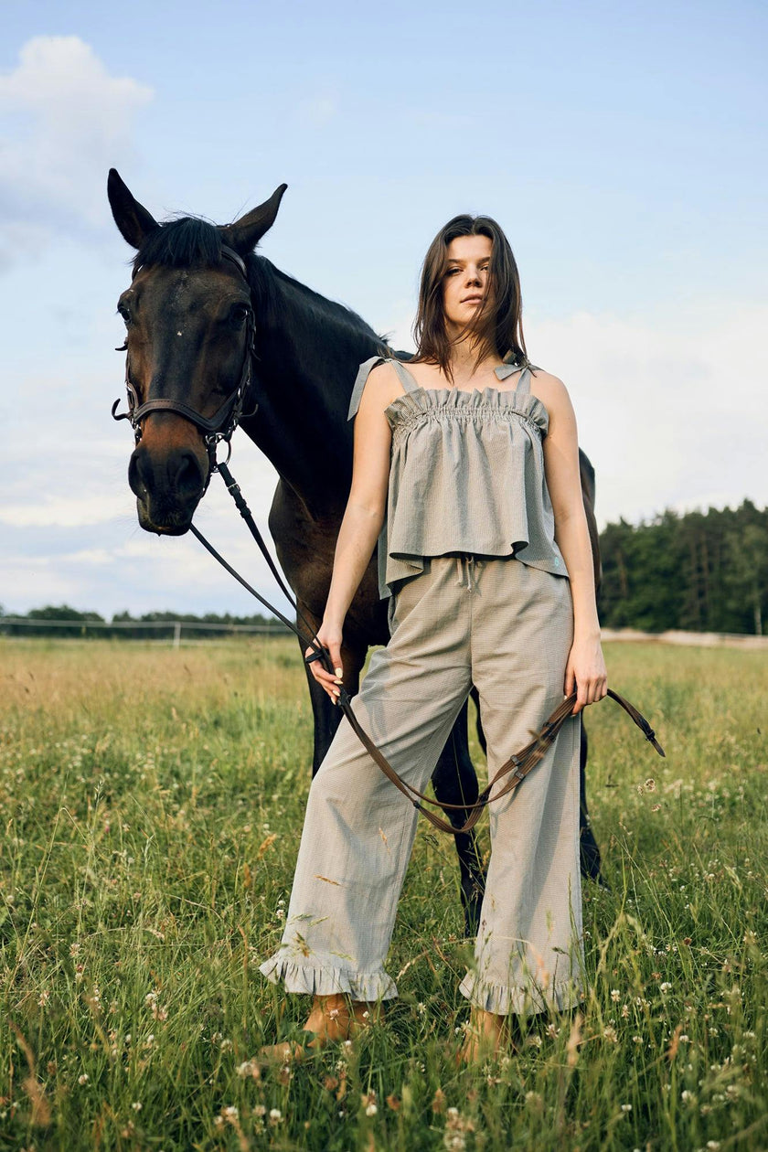 women's vichy frilled pants - foggy brown