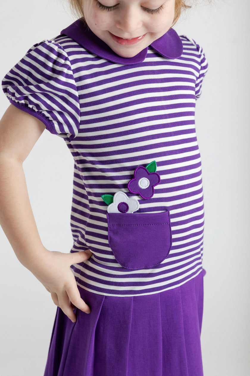 Stripe Knit Pleated Dress With Flowers