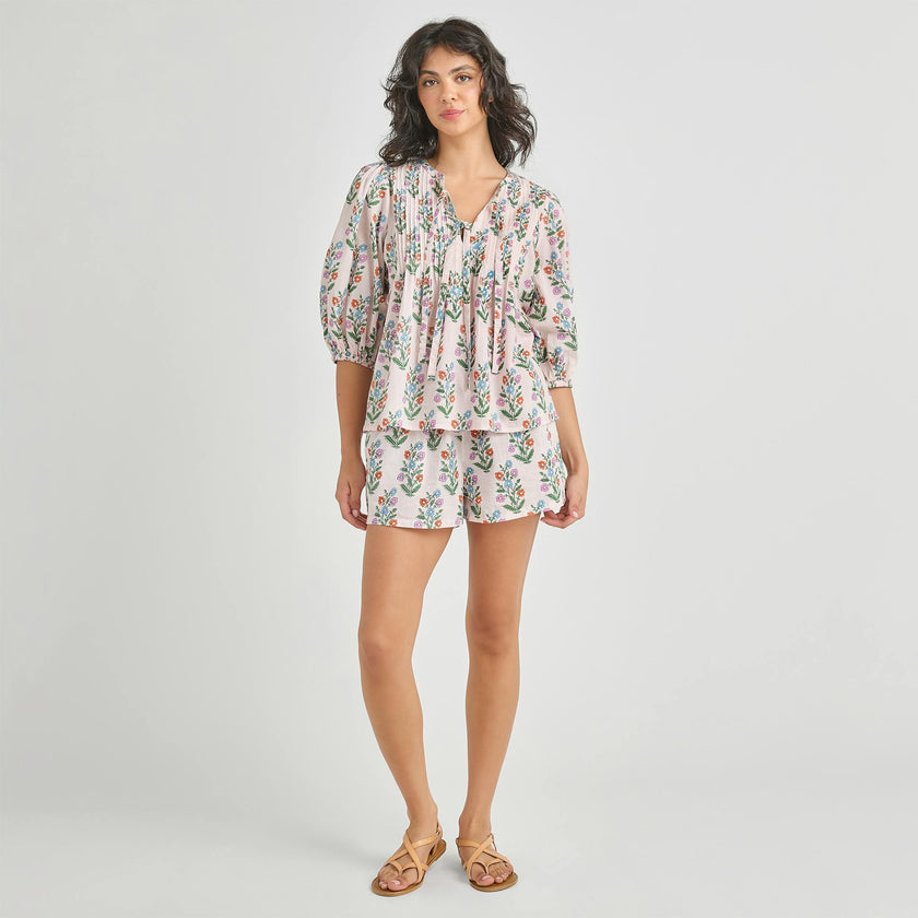 Womens Indira Top - Pink Dewdrop Block Print