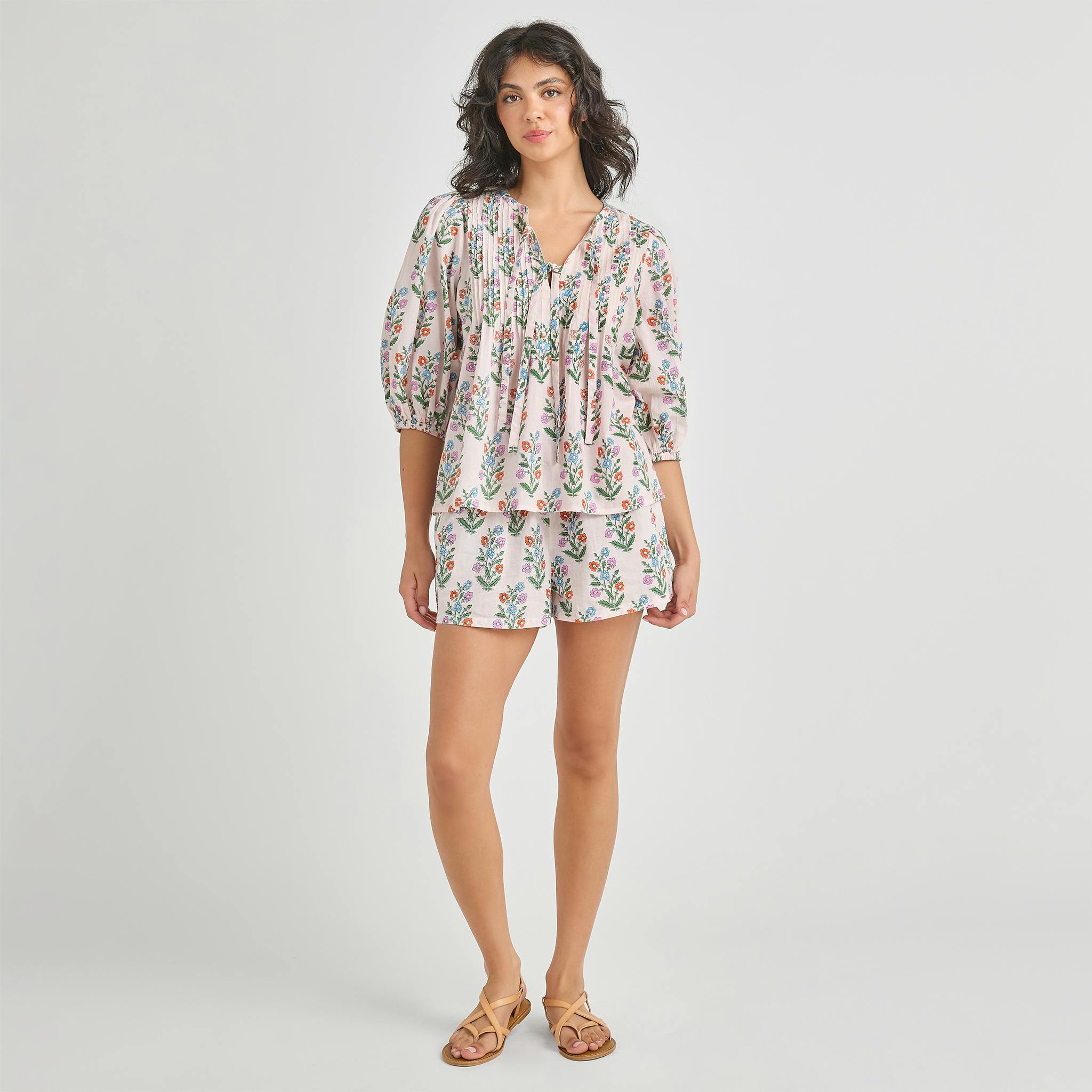 Womens Indira Top - Pink Dewdrop Block Print