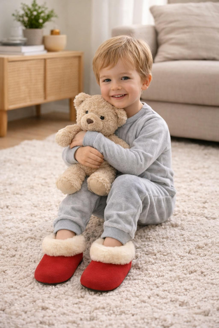 Kids Genuine Alpaca Fur Slippers | Handmade in Peru | Naturally Hypoallergenic | Crimson Berry