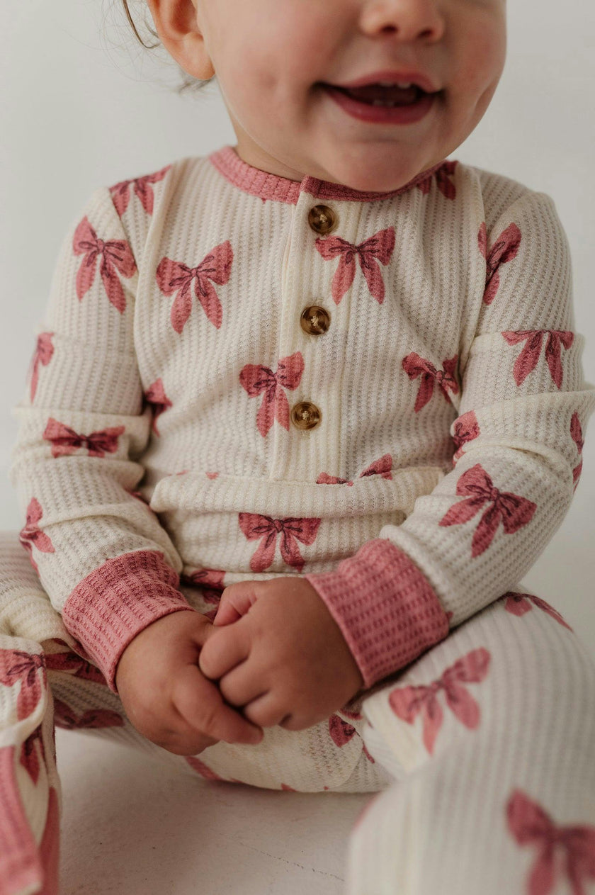 Baby Girl Waffle Romper in Rose Elegance Bows