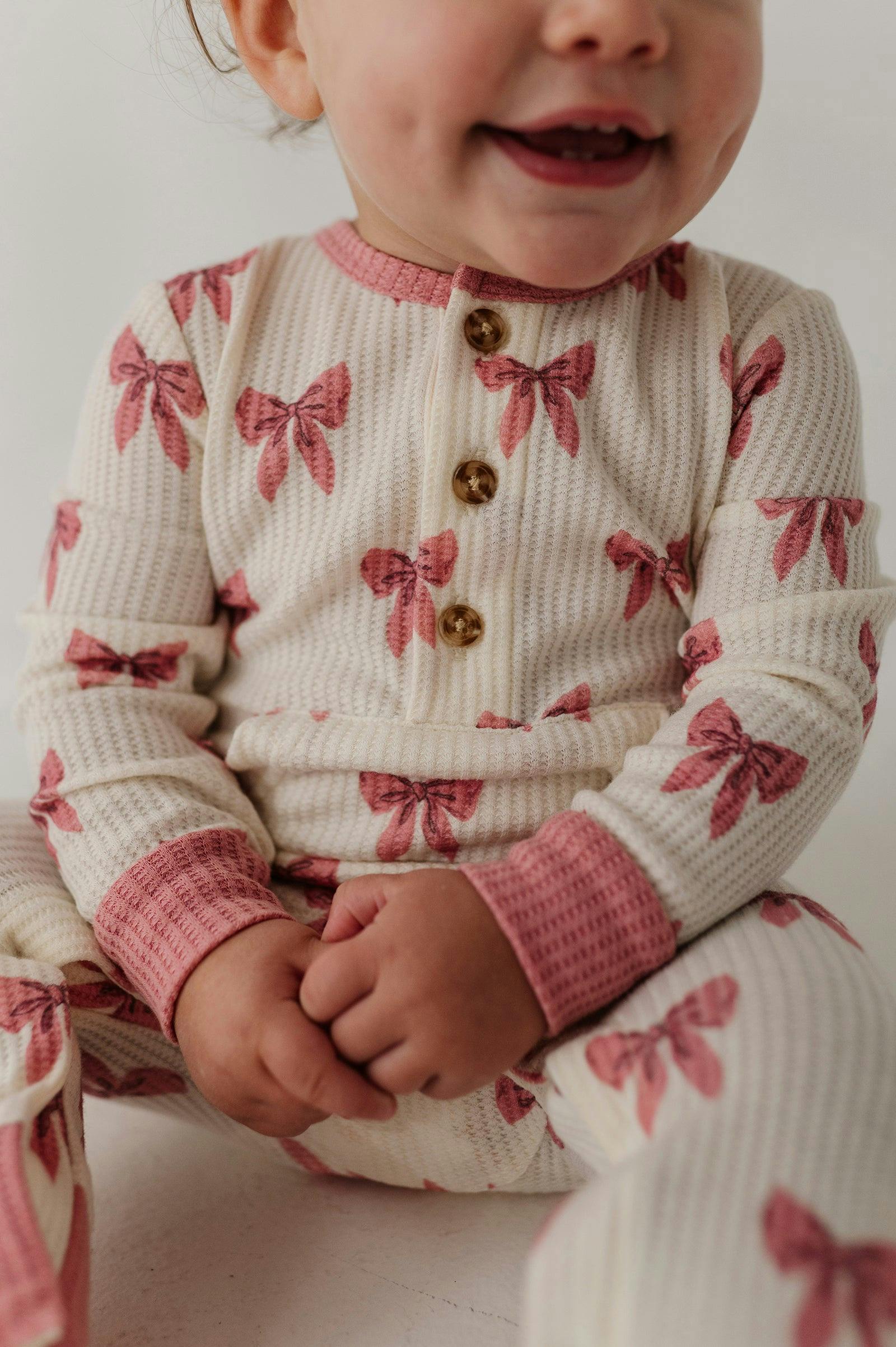 Baby Girl Waffle Romper in Rose Elegance Bows