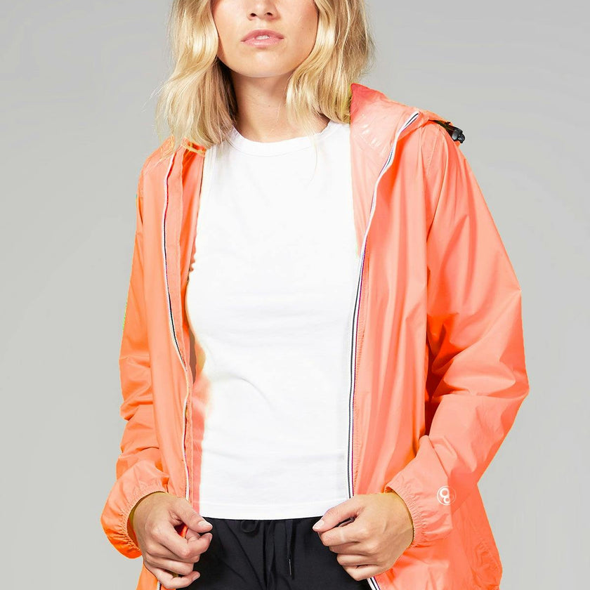 Orange fluo full zip packable rain jacket and windbreaker