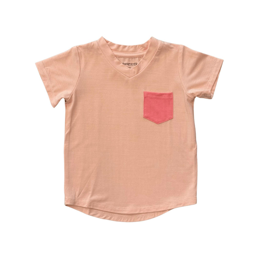 Girls V-Neck Pocket Tee in Peachy Blush