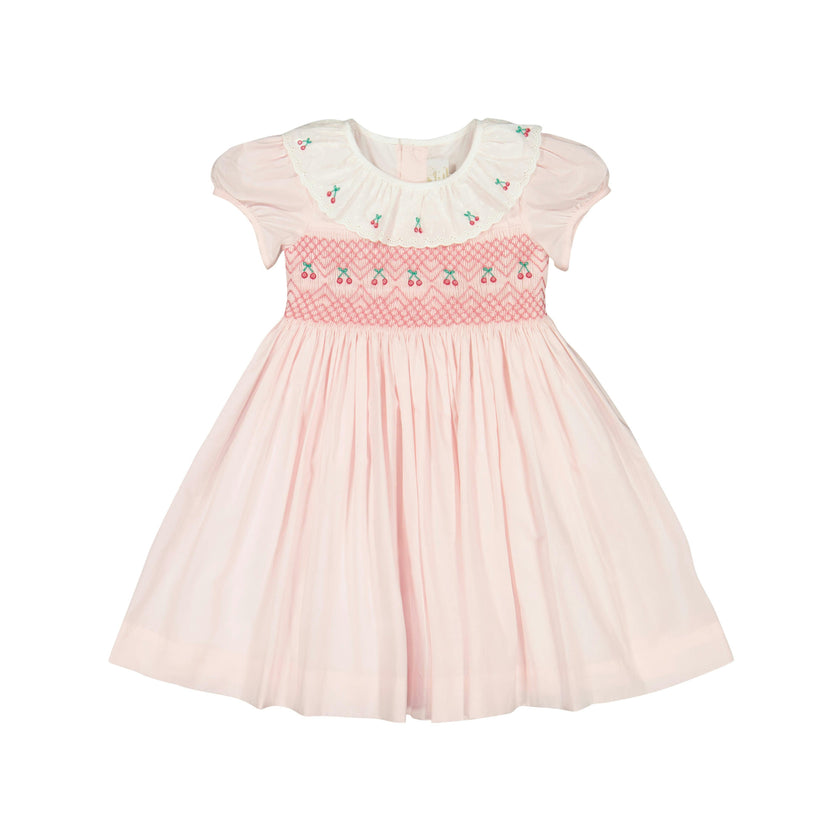 Pink Smocked Dress with Embroidered Cherries