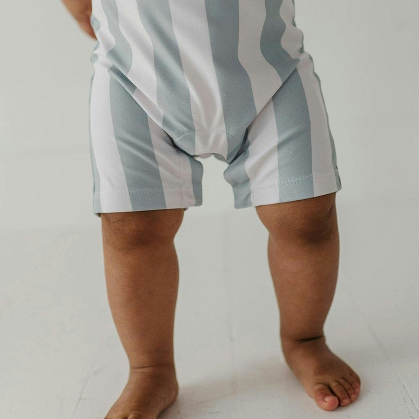 Baby Boy One-Piece Rash Guard Swimsuit in Aqua Grey Stripe