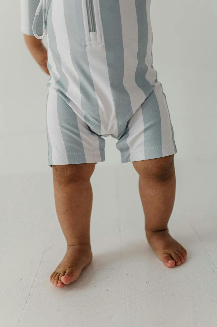 Baby Boy One-Piece Rash Guard Swimsuit in Aqua Grey Stripe