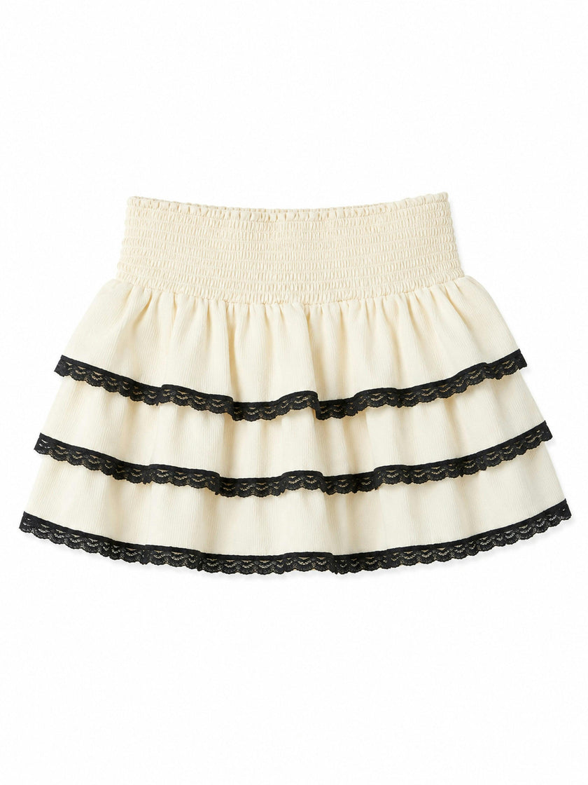Gemma Champagne With Black Lace Satin Smocked Ruffle Mini Skirt