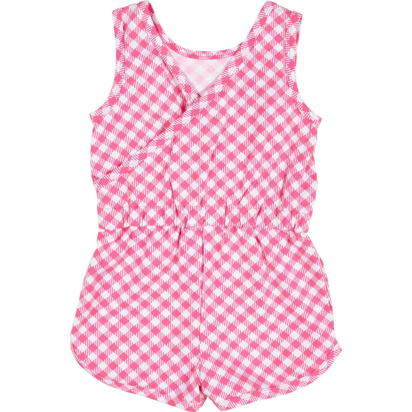 Gingham Print Knit Romper With Strawberries
