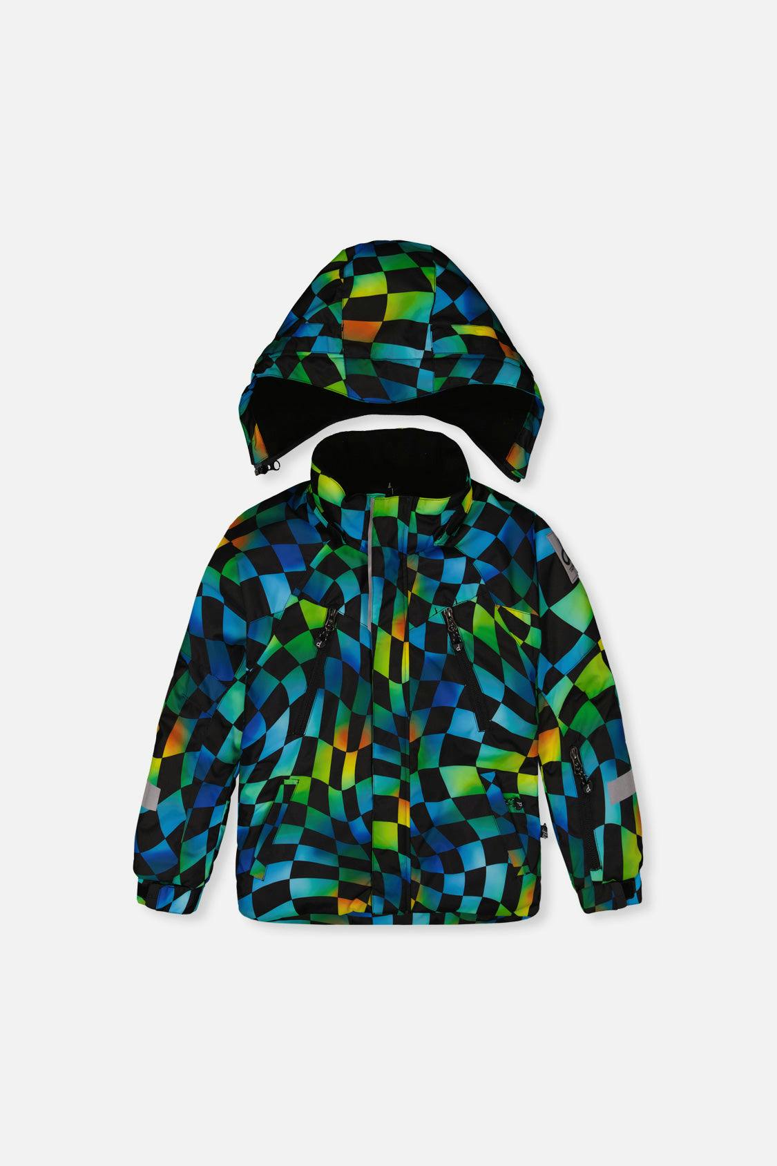 Two Piece Play Snowsuit Green Yellow And Blue Checkerboard With Black Pants
