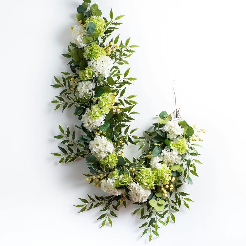White & Green Hydrangea with Cream Berry Artificial All Seasons Greenery Mantle Garland and Table Runner