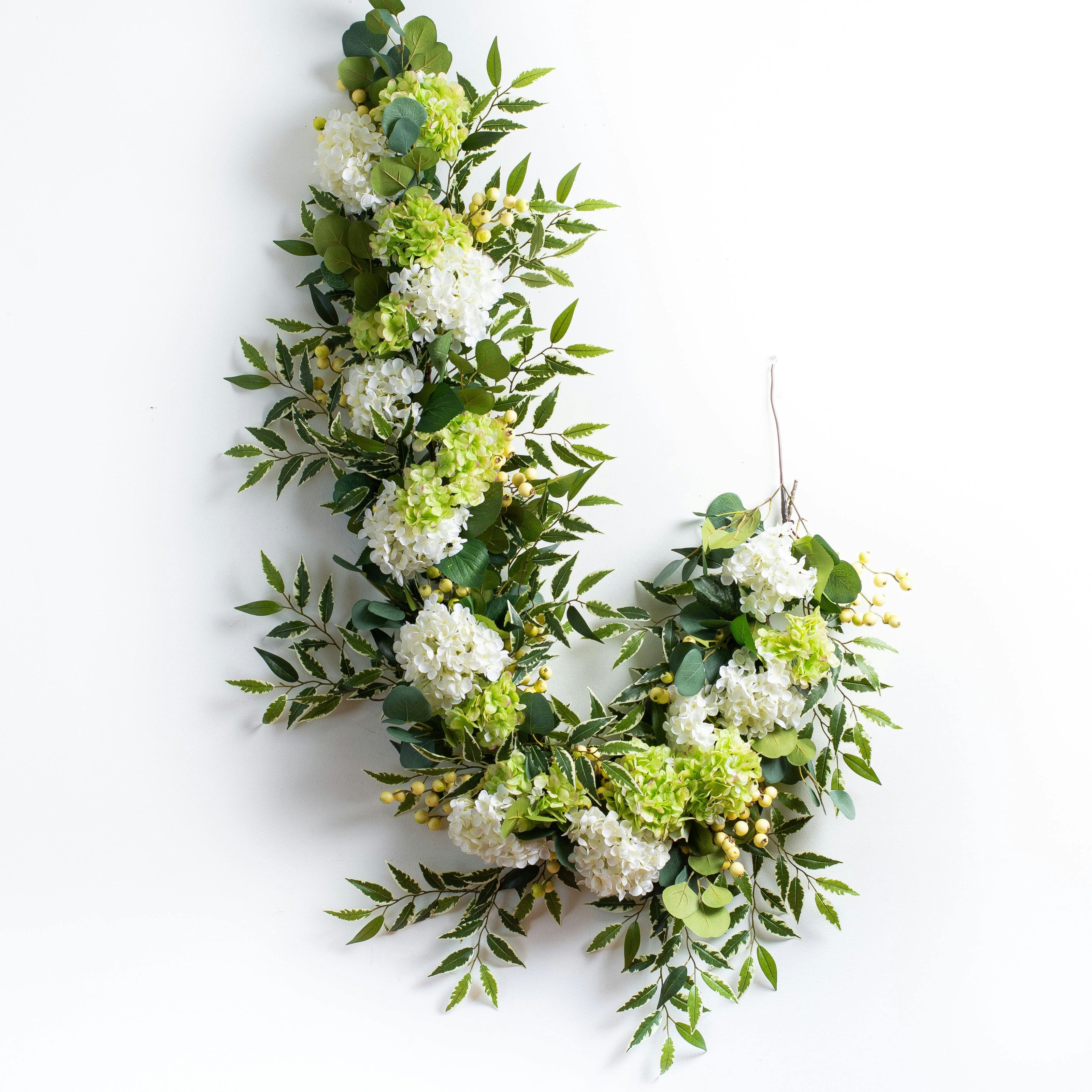 White & Green Hydrangea with Cream Berry Artificial All Seasons Greenery Mantle Garland and Table Runner