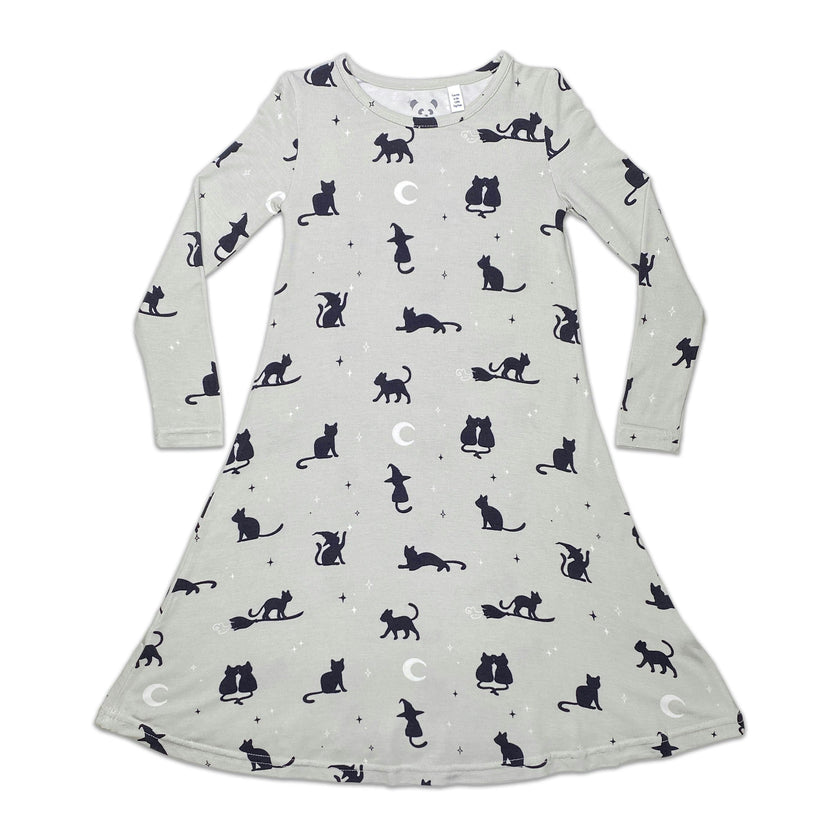 Black Cat Halloween Bamboo Girls' Long Sleeve Dress