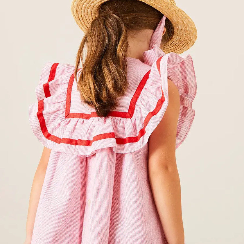 Lawrence Striped Ruffle Bib Sleeveless Dress in Red (12mths-8yrs)