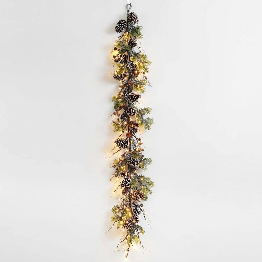 Snowy Norway Spruce & Pinecone Winter Christmas Garland Table Runner with Unlit or Pre-Lit Option