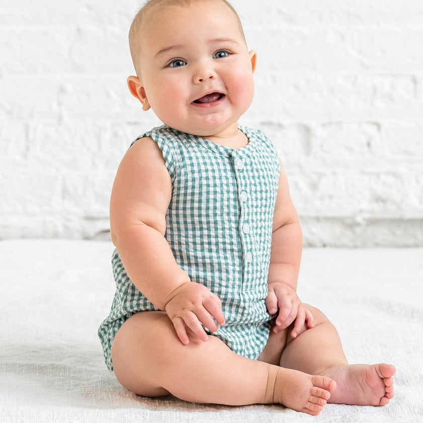 Wren Seersucker Bubble Romper - Laguna Gingham