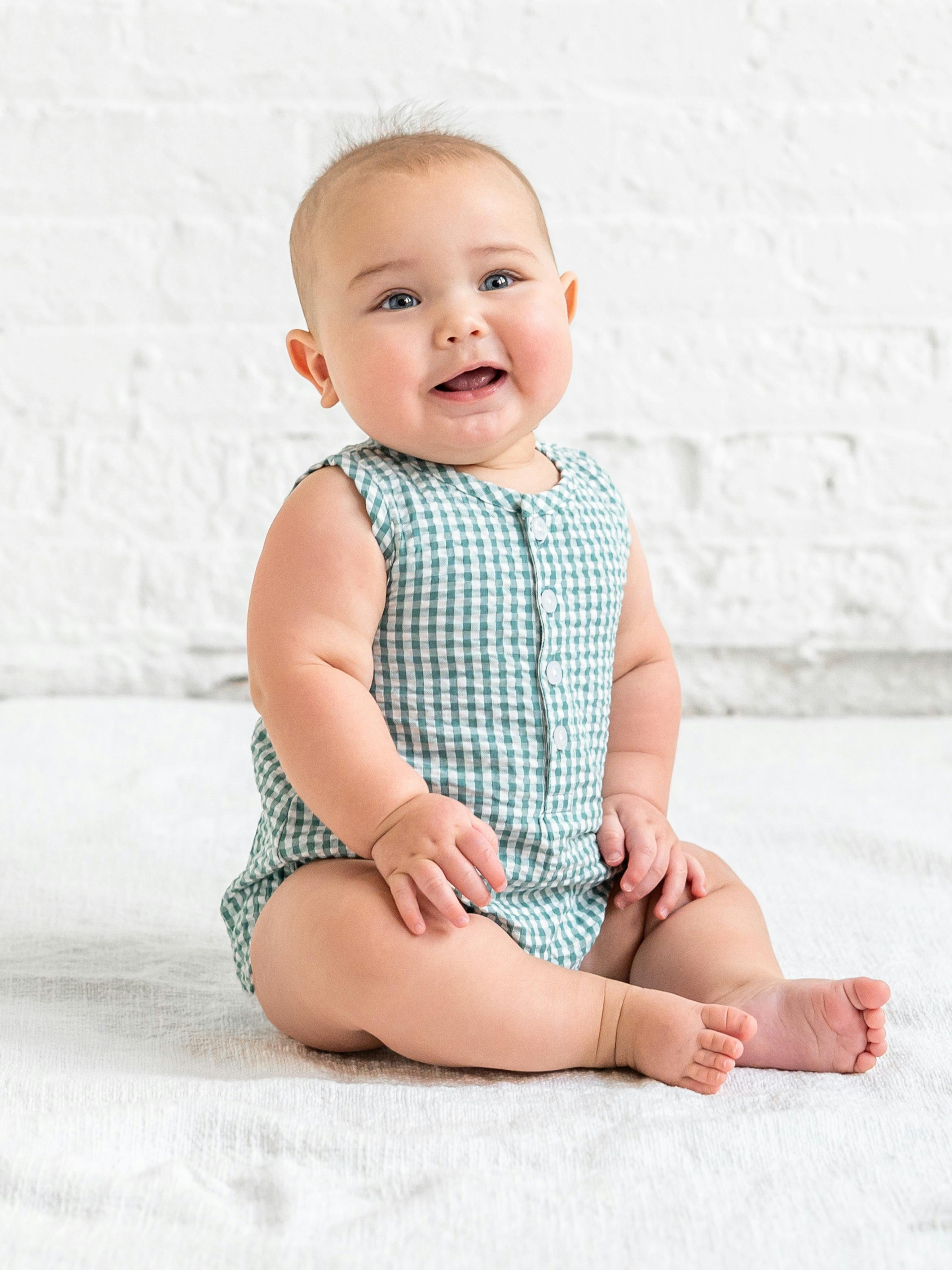 Wren Seersucker Bubble Romper - Laguna Gingham