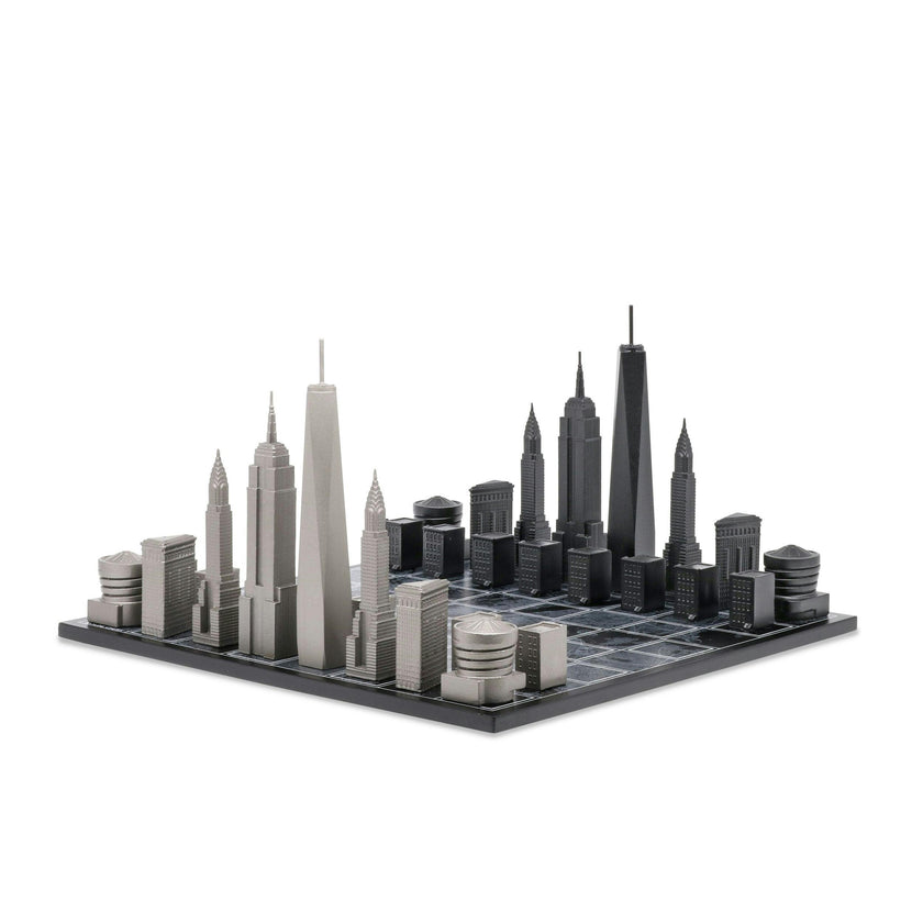 Chess Set Stainless Steel NEW YORK with Wood Map Board