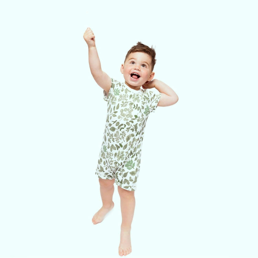 Organic Snap Romper in Green Leaves