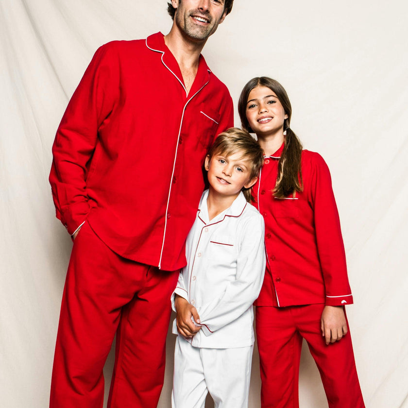 Kid's Twill Pajamas in White with Pink Piping