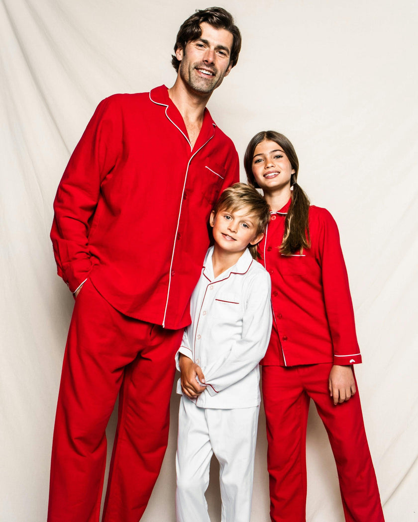 Kid's Twill Pajamas in White with Pink Piping