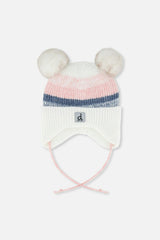 Baby Winter Knit Hat With Ear Flaps And Pompoms Off-White, Pink And Blue