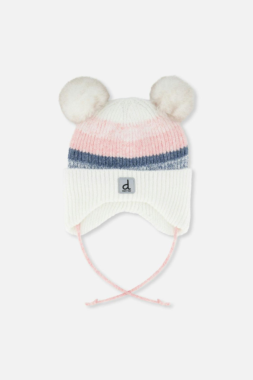 Baby Winter Knit Hat With Ear Flaps And Pompoms Off-White, Pink And Blue