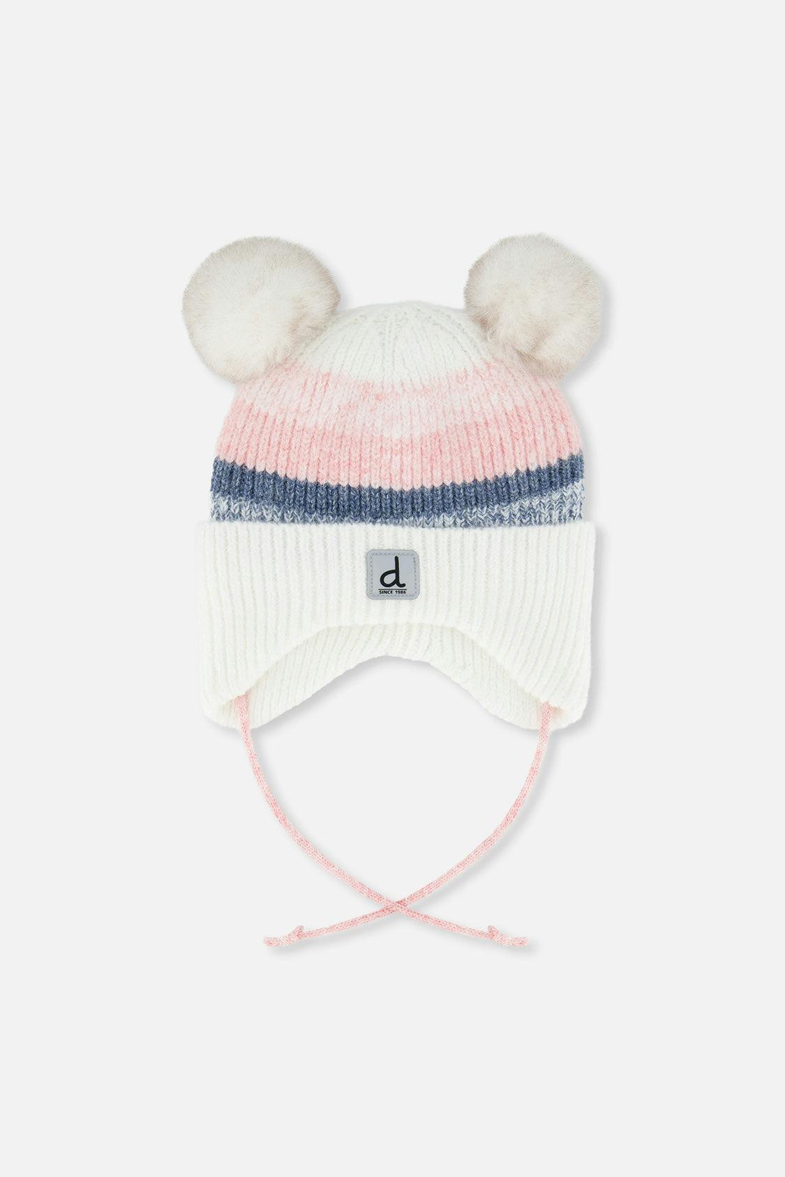 Baby Winter Knit Hat With Ear Flaps And Pompoms Off-White, Pink And Blue
