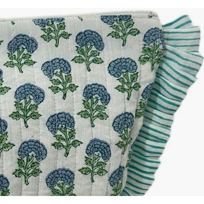 La Plage Ruffle Pouch Aqua Floral Block Print