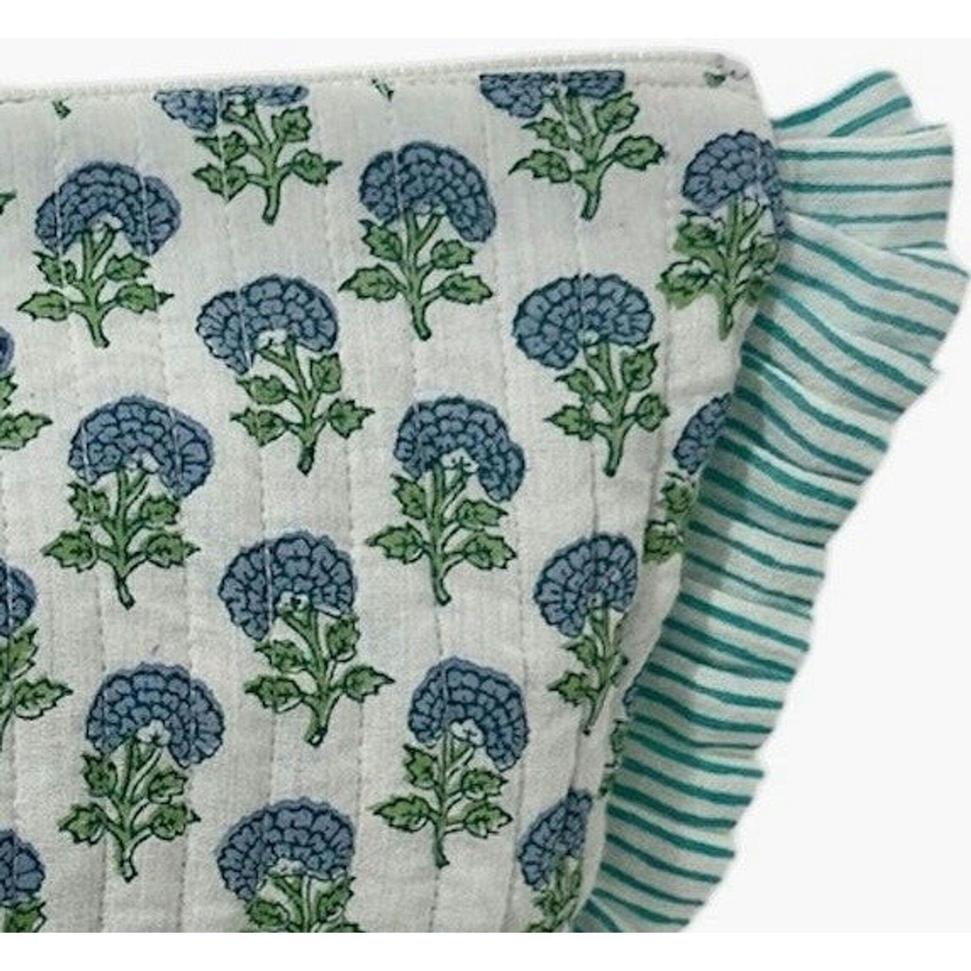 La Plage Ruffle Pouch Aqua Floral Block Print