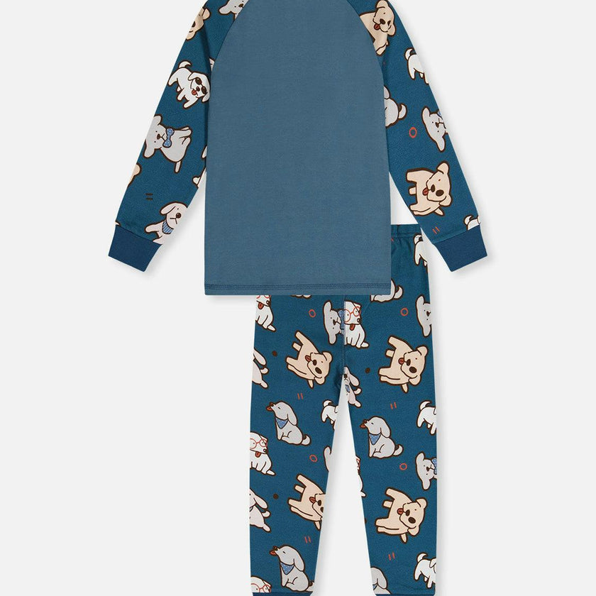 Organic Cotton Two Piece Pajama Set Turquoise Dog Print